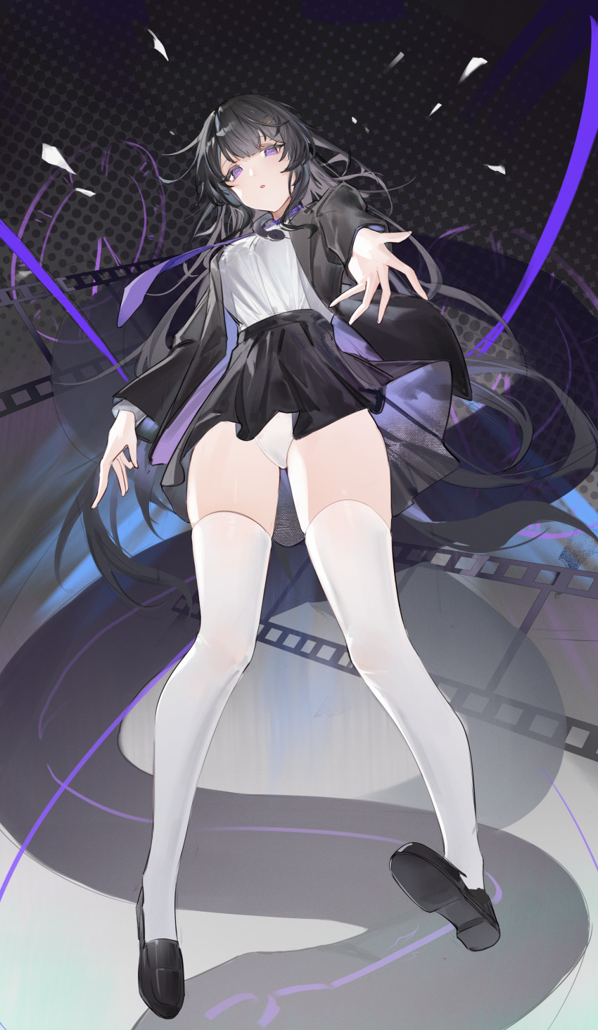 1girl :o absurdres black_boots black_jacket black_skirt boots commentary commentary_request english_commentary flantia from_below full_body hair_between_eyes highres jacket loafers long_hair long_sleeves looking_at_viewer miniskirt mixed-language_commentary multicolored_jacket necktie open_clothes open_jacket open_mouth original panties purple_eyes purple_jacket purple_necktie shirt shoes skirt solo thighhighs thighs two-tone_jacket underwear white_panties white_shirt white_thighhighs