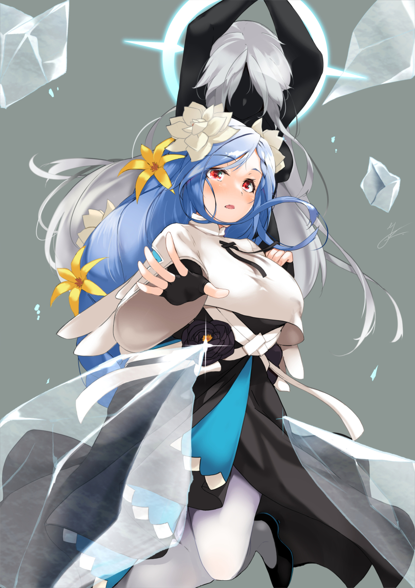 1girl 1other absurdres blue_hair breasts dd_mayohara dizzy_(guilty_gear) dress fingerless_gloves flower gloves grey_background guilty_gear guilty_gear_strive hair_flower hair_ornament highres ice large_breasts long_hair looking_at_viewer mature_female open_mouth queen_dizzy red_eyes shawl simple_background swept_bangs undine_(guilty_gear)