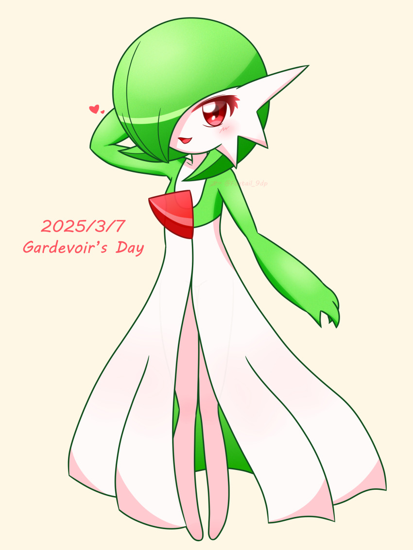 1girl arm_behind_head arm_up artist_name blush bob_cut character_name collarbone colored_skin dated english_text female_focus flat_chest full_body gardevoir gardevoir_day gen_3_pokemon green_hair green_skin hair_over_one_eye happy heart highres hoshigaki_(foxtail_9dp) legs looking_at_viewer multicolored_skin nintendo no_feet one_eye_covered open_mouth pokemon pokemon_(creature) red_eyes see-through_clothes short_hair signature simple_background smile solo standing twitter_username two-tone_skin white_skin yellow_background