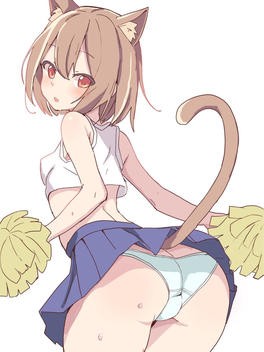 1girl animal_ear_fluff animal_ears ass bent_over blue_skirt blush breasts brown_hair butt_crack cat_ears cat_girl cat_tail cheerleader cowboy_shot crop_top dot_nose flat_ass from_behind hair_between_eyes highres holding holding_pom_poms looking_at_viewer looking_back median_furrow medium_hair miniskirt namou_(namorton09) open_mouth original panties pleated_skirt pom_pom_(cheerleading) pom_poms red_eyes shirt simple_background skirt sleeveless sleeveless_shirt small_breasts solo sweat tail underwear upskirt white_background white_panties white_shirt