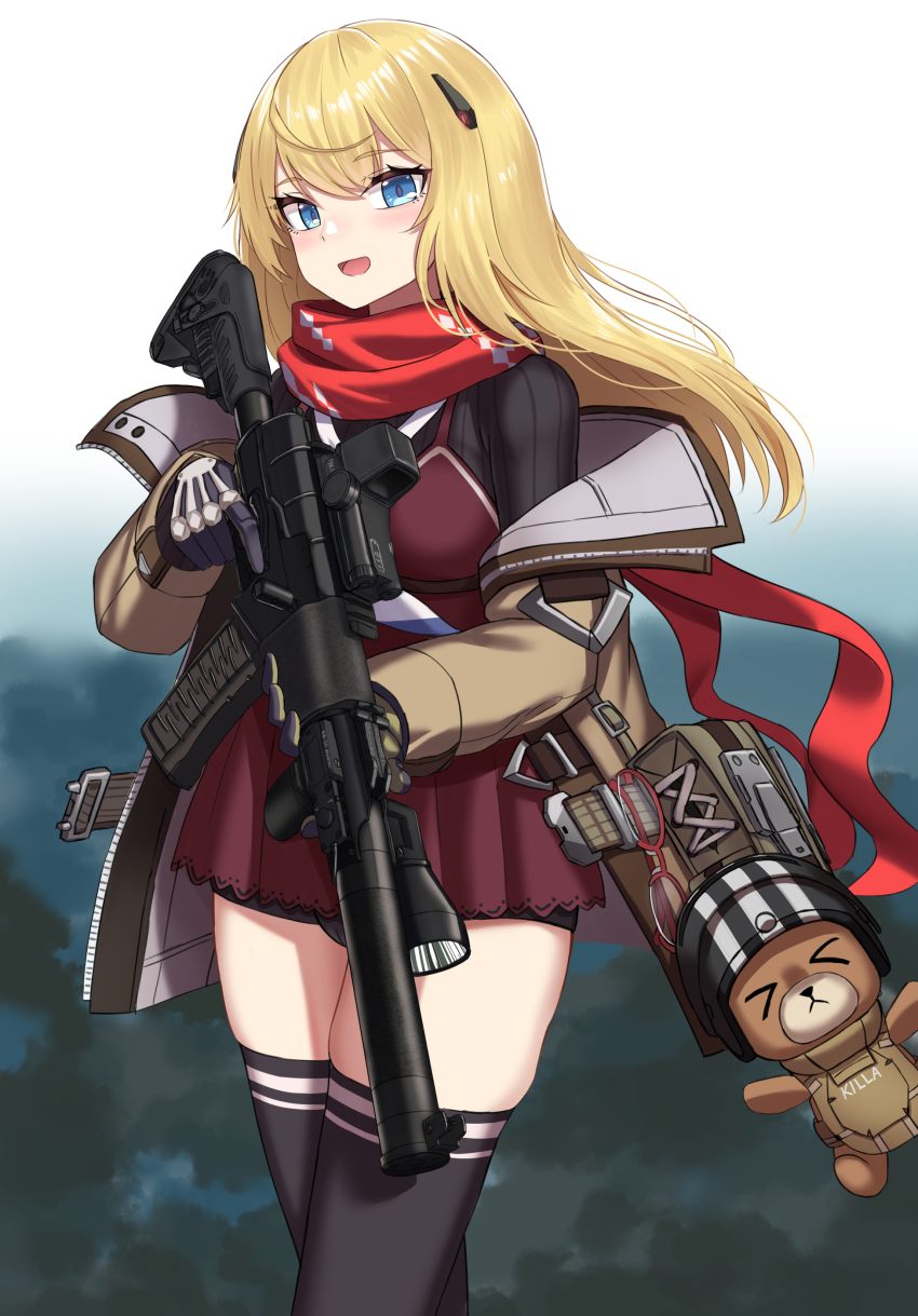 1girl absurdres as_val as_val_(girls&#039;_frontline) as_val_(mod3)_(girls&#039;_frontline) assault_rifle ballistic_face_mask ballistic_face_shield ballistic_helmet black_thighhighs blonde_hair blue_eyes bulletproof_vest coat cowboy_shot dress eyewear_hang girls&#039;_frontline glasses gloves gun hair_ornament highres holding holding_gun holding_weapon integral_suppressor integrally-suppressed_firearm kalashnikov_rifle long_hair long_sleeves looking_at_viewer mod3_(girls&#039;_frontline) open_clothes open_coat open_mouth red_dress red_scarf rifle scarf solo suppressor thighhighs toz_(tulsky_oruzheiny_zavod) tsniitochmash tula_arms_plant unworn_eyewear weapon yakob_labo