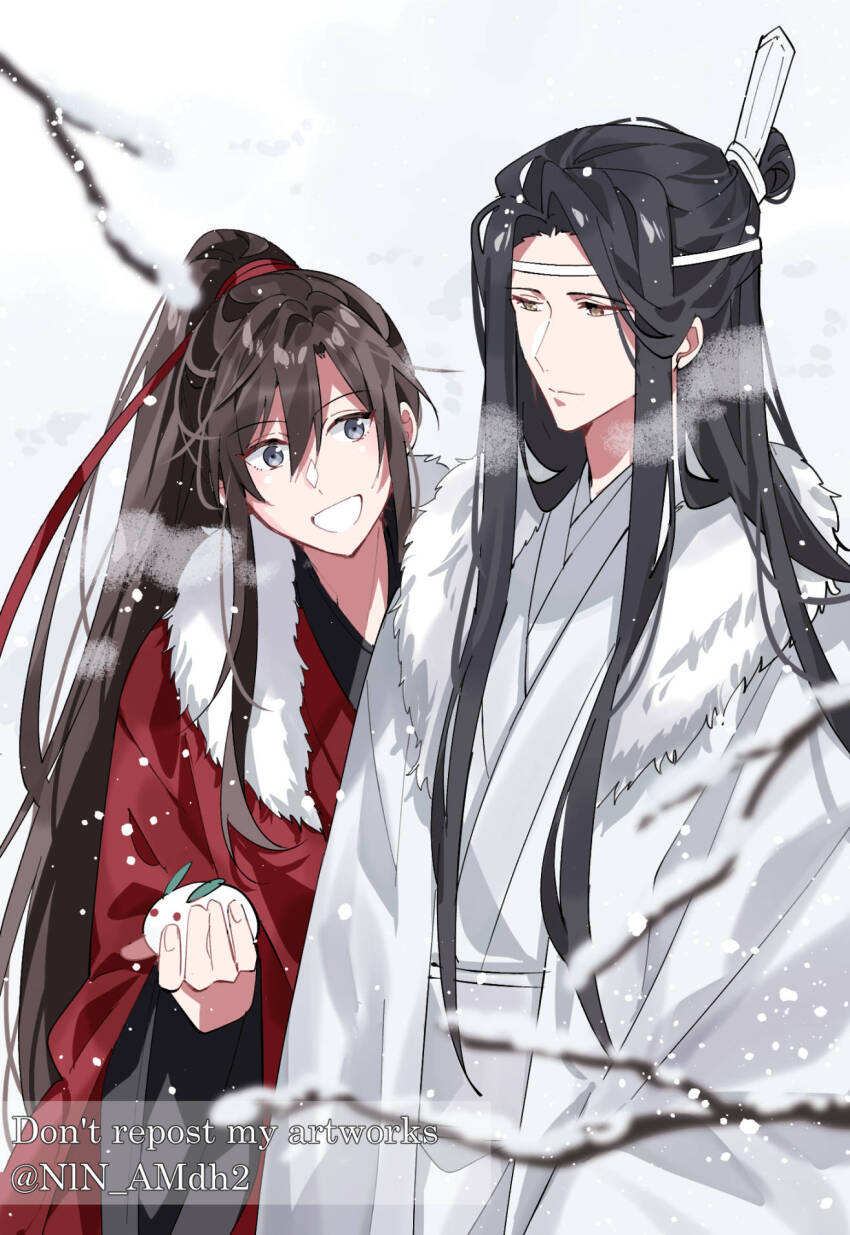 2boys :d alternate_costume bishounen black_hair black_hanfu blurry branch brown_hair cape chinese_clothes closed_mouth english_text fur-trimmed_cape fur_trim grey_eyes hair_between_eyes hair_ribbon hanfu headband height_difference high_ponytail highres holding holding_snowman hyottokoane lan_wangji long_hair long_sleeves looking_at_another male_focus modao_zushi multiple_boys open_mouth outdoors ponytail red_cape red_ribbon ribbon robe sidelocks smile snow snowing snowman topknot twitter_username upper_body very_long_hair watermark wei_wuxian white_cape white_hanfu white_headband wide_sleeves winter xiao_guan_(headdress) yaoi yellow_eyes