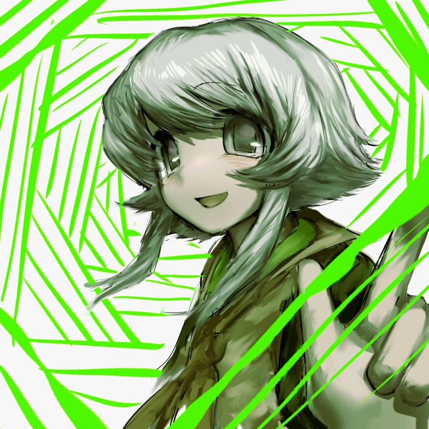 1other androgynous ascot bingkuaihei brown_ascot brown_shoes commentary grey_eyes grey_hair hand_up highres houlen_yabusame index_finger_raised len&#039;en looking_at_viewer open_mouth shoes short_hair_with_long_locks smile solo spiral_background symbol-only_commentary tareme upper_body