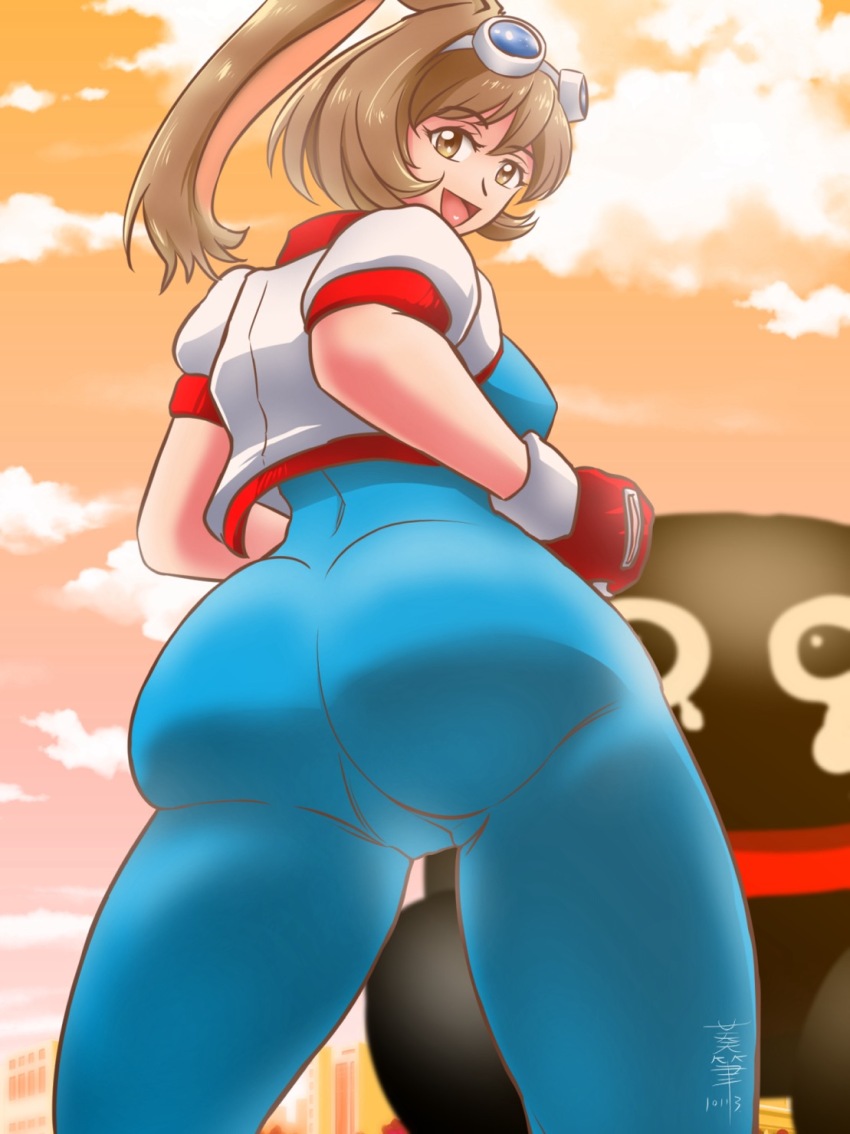 1girl :d animal_ears ass ass_focus blue_unitard bob_cut bodystocking breasts brown_eyes brown_hair building city commentary_request cowboy_shot cropped_jacket fernandez fingerless_gloves from_behind giant giantess gloves goggles goggles_on_head happy highres huge_ass jacket large_breasts looking_at_viewer makihara_arina open_clothes open_jacket open_mouth rabbit_ears red_gloves roy10113a seductive_smile short_hair sideboob signature skin_tight smile solo_focus sunset tears thick_thighs thighs waku_waku_7 white_jacket wide_hips