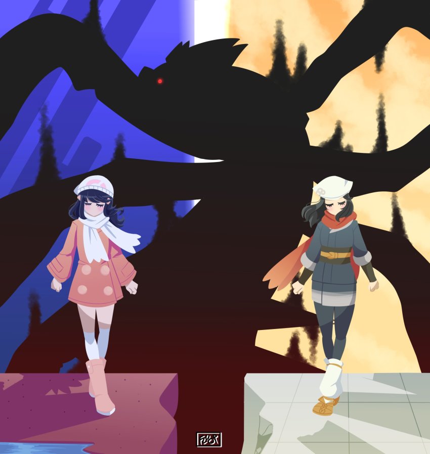 2girls akari_(pokemon) beanie black_hair boots buttons closed_eyes commentary dawn_(pokemon) distortion_world double-breasted english_commentary fluorart full_body galaxy_expedition_team_survey_corps_uniform gen_4_pokemon giratina hat headscarf highres jacket legendary_pokemon medium_hair multiple_girls nintendo no_mouth pink_boots pink_jacket pokemon pokemon_(creature) pokemon_dppt pokemon_legends:_arceus pokemon_platinum red_scarf scarf shadow signature standing walking white_headscarf white_legwear white_scarf