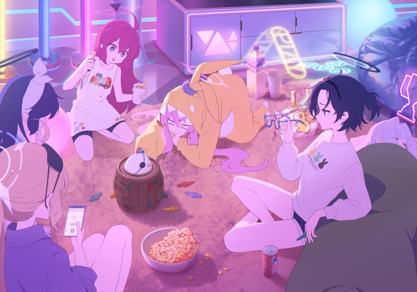 ahoge animal_print bangs_pinned_back bare_arms bare_shoulders barefoot black_shorts blue_archive blue_eyes blue_shirt braid brown_hair cellphone chihiro_(blue_archive) chihiro_(pajamas)_(blue_archive) closed_eyes dinosaur_costume drink food grey_hair hair_between_eyes hairband hare_(blue_archive) hare_(pajamas)_(blue_archive) highres holding holding_drink holding_phone holding_removed_eyewear indian_style kotama_(blue_archive) kotama_(pajamas)_(blue_archive) koyuki_(blue_archive) koyuki_(pajamas)_(blue_archive) long_hair maki_(blue_archive) maki_(pajamas)_(blue_archive) non-web_source official_alternate_costume official_alternate_hairstyle official_art pajamas phone ponytail popcorn purple_eyes purple_hair rabbit_print red_hair shirt short_hair short_shorts shorts sidelocks single_braid sitting sleeping sleeveless sleeveless_shirt smartphone under_covers unworn_eyewear veritas_(blue_archive) white_hairband white_shirt yellow_pajamas yuuka_(blue_archive) yuuka_(pajamas)_(blue_archive)