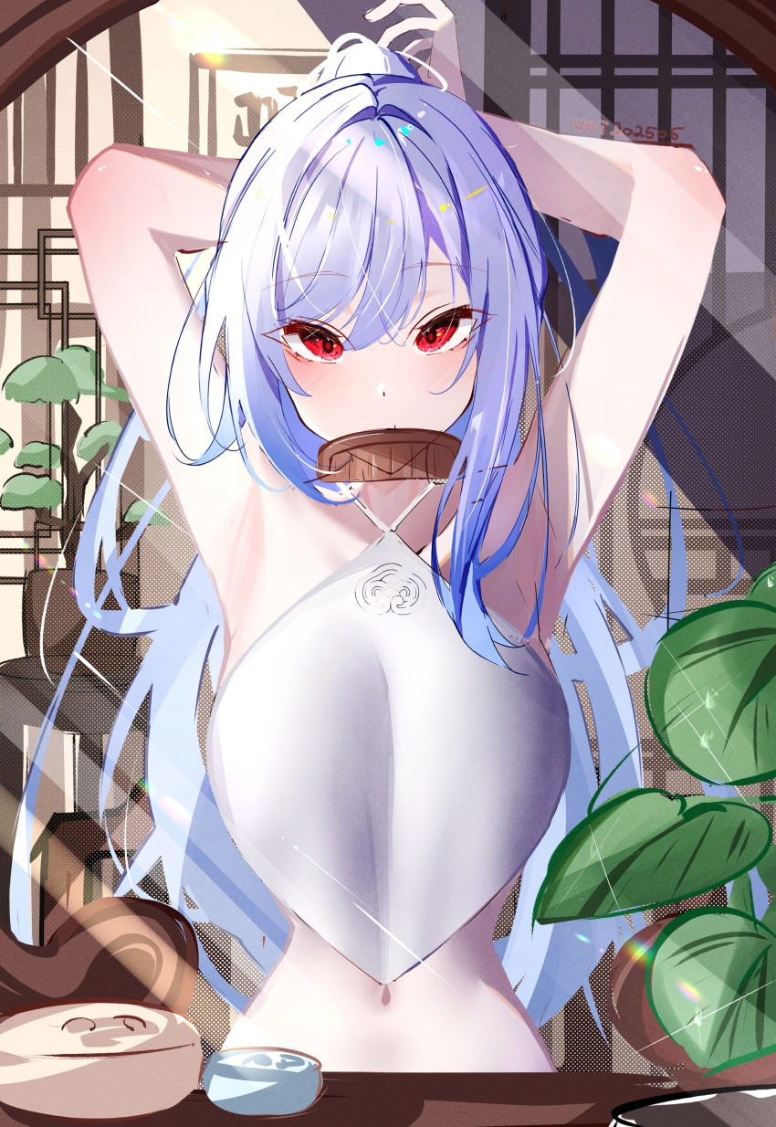 1girl absurdres alternate_costume armpits arms_behind_head arms_up blue_hair breasts comb commentary english_commentary highres honkai:_star_rail honkai_(series) jingliu_(honkai:_star_rail) large_breasts long_hair looking_at_viewer mouth_hold narrow_waist navel red_eyes shirt sitting solo stomach tying_hair very_long_hair voi_271 white_shirt