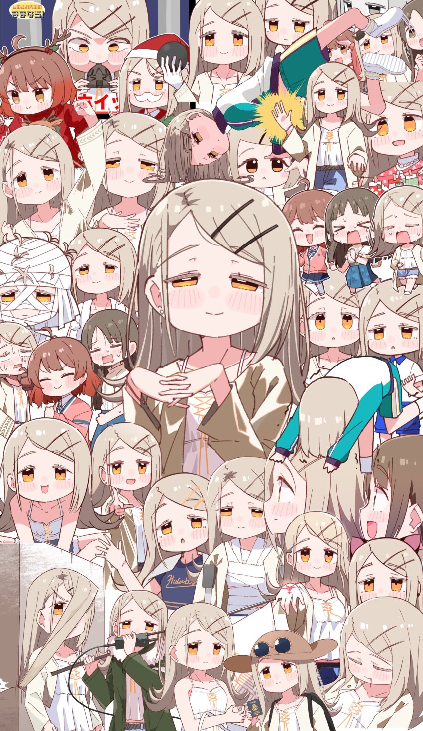 &gt;_&lt; 3girls ^_^ absurdres blonde_hair blush breakdance brown_hair camisole closed_eyes collage collarbone colored_eyelashes command_spell commentary_request denim denim_shorts earrings exhausted fake_facial_hair fake_mustache flipped_hair gakuen_idolmaster hanami_ume hatsuboshi_gakuen_school_uniform highres idolmaster interlocked_fingers jacket jewelry kuramoto_china long_hair looking_at_viewer multiple_girls multiple_views mummy_costume orange_eyes own_hands_together purin_a_la_mode_(popup) robe rope_belt santa_costume school_uniform shinosawa_hiro shorts smile stud_earrings sweat swept_bangs track_jacket very_long_hair white_camisole white_robe