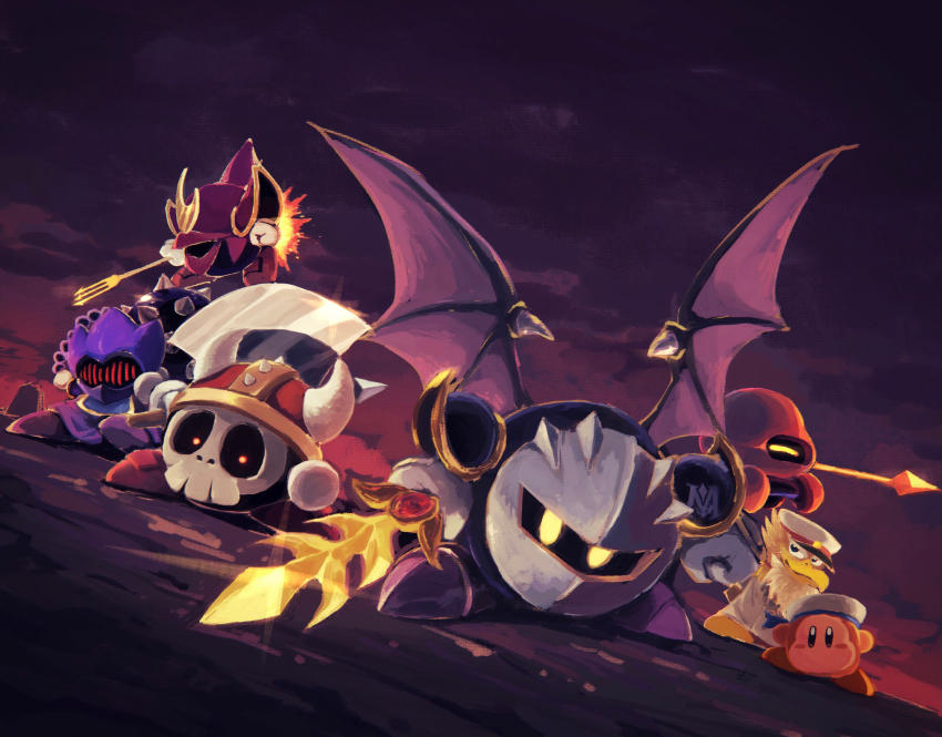 armor axe axe_knight_(kirby) bat_wings captain_vul cloud cloudy_sky dark_clouds fake_horns flail galaxia_(sword) helmet highres horned_helmet horns javelin_knight kirby_(series) kirby_super_star looking_at_viewer mace_knight mask meta_knight nintendo overcast polearm sailor_waddle_dee shoulder_armor skull sky suyasuyabi sword trident trident_knight weapon white_headwear wings