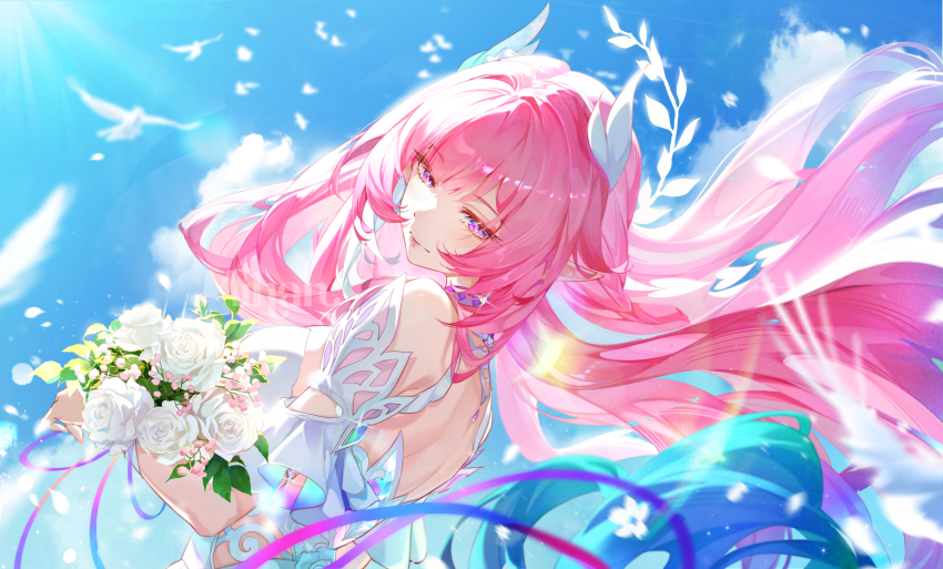 1girl artist_name bare_shoulders bird blue_hair blue_sky bouquet breasts closed_mouth cloud cyrene_(honkai:_star_rail) cyrene_(ripples_of_past_reverie)_(honkai:_star_rail) day dress duplicate falling_petals flower from_side gradient_hair hair_ornament highres holding holding_bouquet honkai:_star_rail honkai_(series) large_breasts long_hair looking_at_viewer looking_to_the_side mihan_(mihan_art) multicolored_hair outdoors petals pink_hair pixel-perfect_duplicate pointy_ears purple_eyes sidelocks sky solo symbol-shaped_pupils upper_body watermark white_bird white_dress wind
