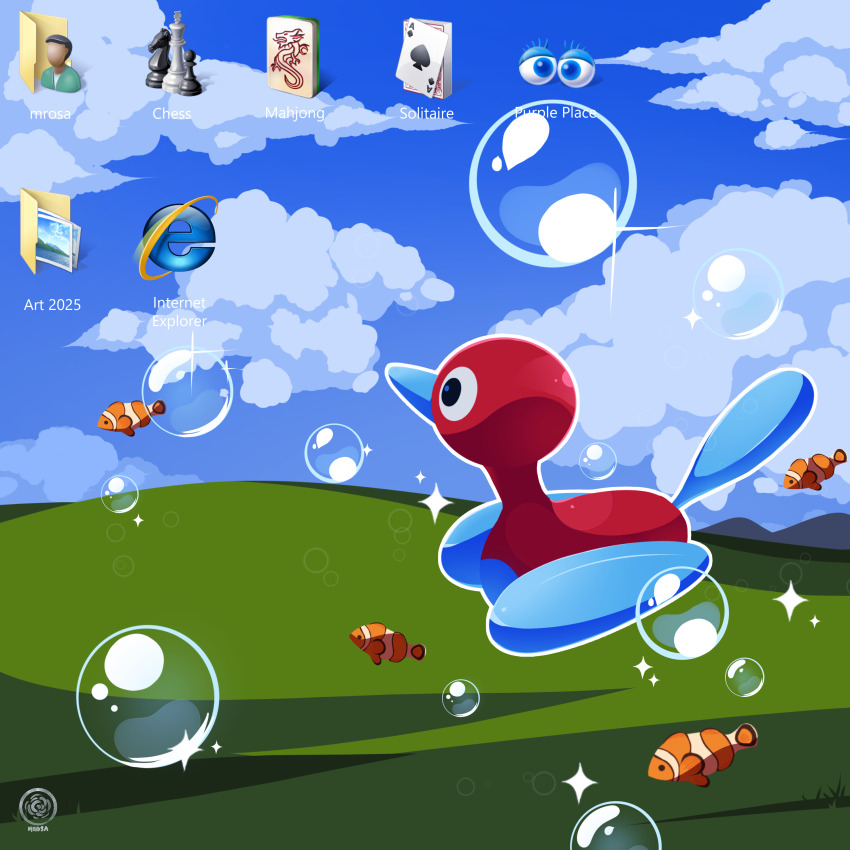 absurdres bliss_(image) bubble card cherrymezcal chess_piece cloud clownfish commentary desktop_(computing) english_commentary fish folder frutiger_aero gen_2_pokemon grass highres hill internet_explorer mahjong mahjong_tile microsoft_windows nintendo no_humans playing_card pokemon pokemon_(creature) pokemon_focus porygon2 purble_place sparkle windows_7 windows_xp
