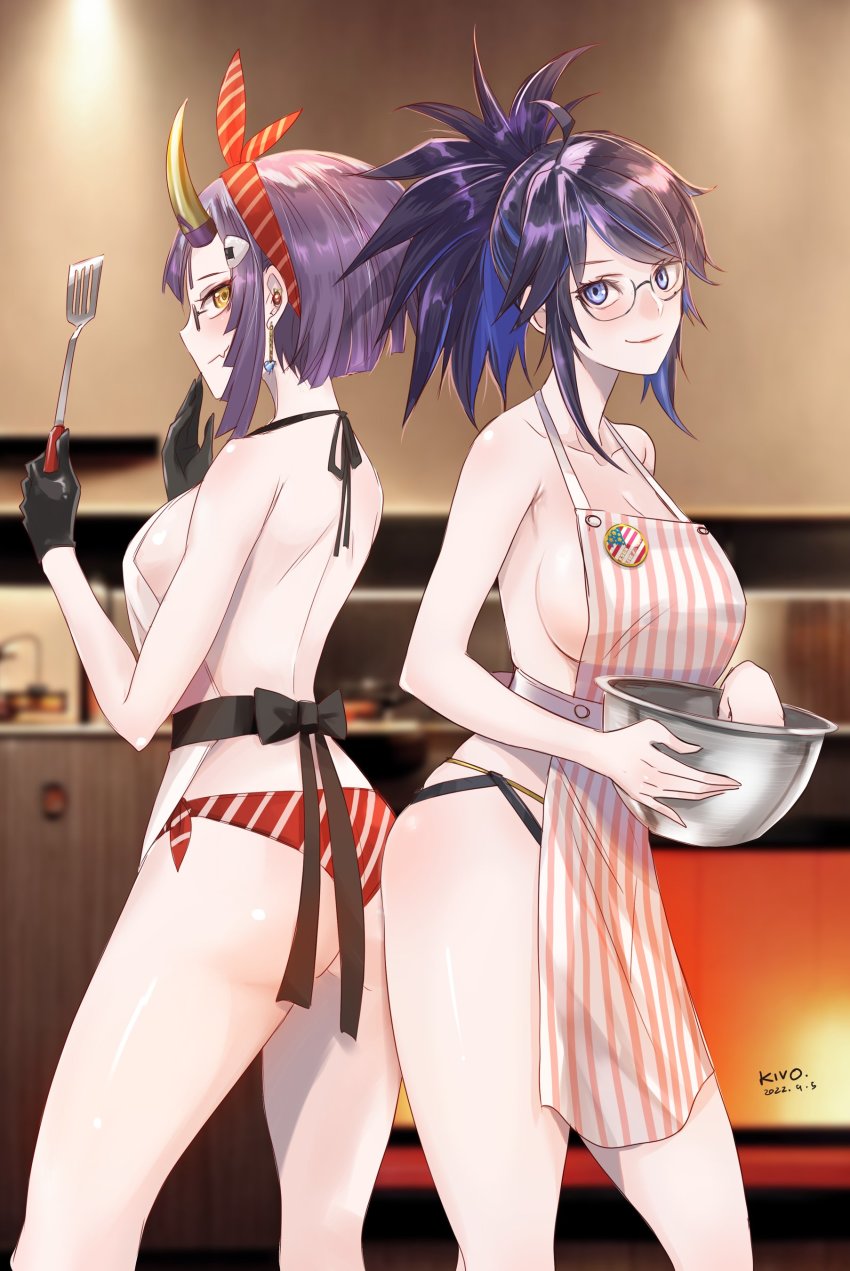 2girls absurdres apron black_gloves blue_eyes blue_hair bowl closed_mouth dated earrings food-themed_hair_ornament glasses gloves hair_ornament highres holding holding_bowl holding_spatula horns jewelry kivo kson mixing_bowl multiple_girls nearly_naked_apron onigiri_(vtuber)_(summer) onigiri_(vtuber) onigiri_hair_ornament panties ponytail purple_hair smile souchou spatula striped_apron striped_clothes striped_panties underwear virtual_youtuber vshojo yellow_eyes