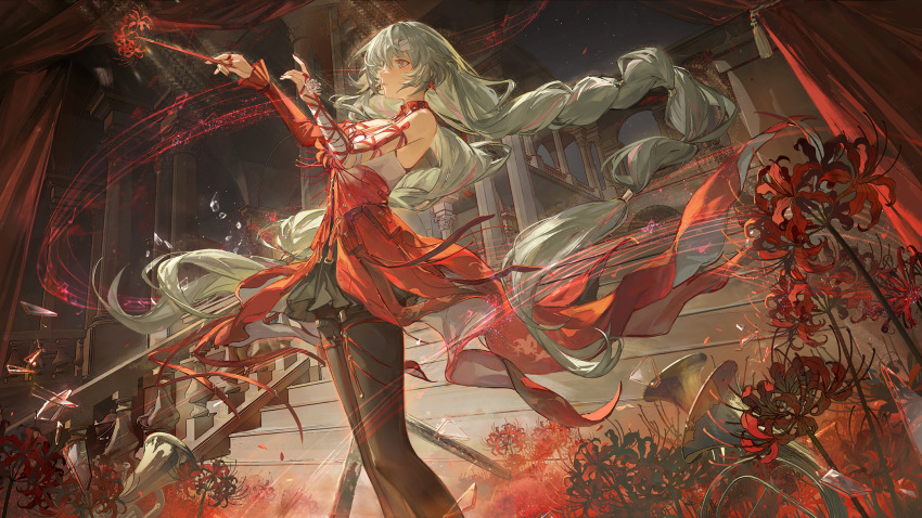 1girl bandaged_arm bandages bare_shoulders beamed_eighth_notes black_pantyhose black_skirt braid detached_sleeves dress earrings eighth_note ergouzi_echo flower grey_eyes grey_hair halter_dress halterneck hands_up highres holding holding_flower jewelry long_hair looking_ahead low_twin_braids musical_note pantyhose parted_lips phrolova_(wuthering_waves) quarter_note red_dress red_flower single_detached_sleeve skirt solo spider_lily standing twin_braids very_long_hair wuthering_waves