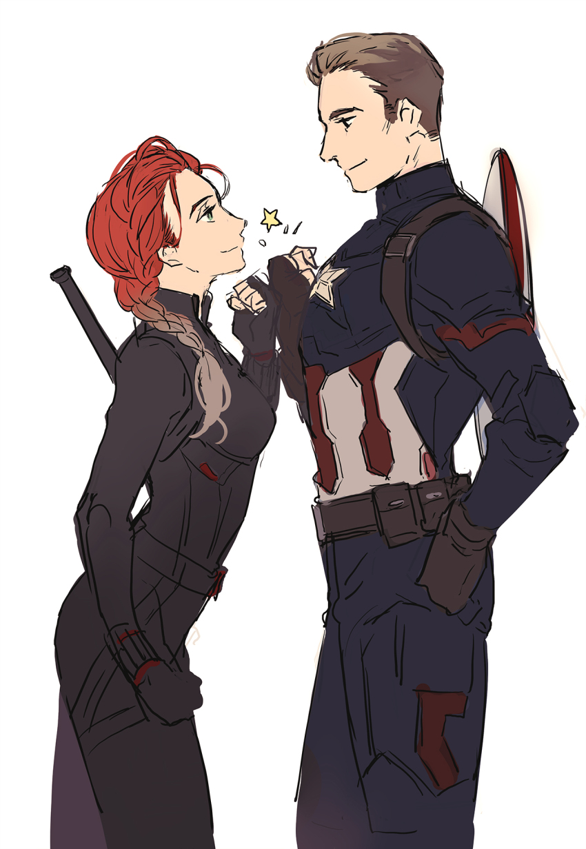 1boy 1girl ambulance00 animification avengers:_endgame avengers_(series) belt black_belt black_bodysuit black_eyes black_gloves black_widow blue_bodysuit bodysuit braid brown_belt brown_gloves brown_hair captain_america clenched_hand closed_mouth commentary_request cowboy_shot fingerless_gloves gloves gradient_hair green_eyes grey_hair highres korean_commentary long_hair looking_at_another marvel marvel_cinematic_universe multicolored_hair natasha_romanoff pocket red_hair shield shield_on_back short_hair smile standing star_(symbol) steve_rogers superhero_costume vertical-striped_bodysuit weapon weapon_on_back