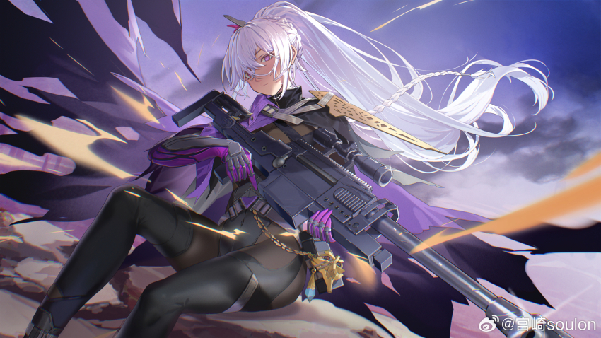 1girl anti-materiel_rifle artist_name bodysuit bolt_action braid cloak french_braid girls&#039;_frontline girls&#039;_frontline_2:_exilium grey_hair gun highres holding holding_gun holding_weapon long_hair looking_at_viewer mask miyazakisoul nemesis_(girls&#039;_frontline_2) ponytail purple_eyes rifle sig_san_511 sitting sniper_rifle solo trigger_discipline weapon