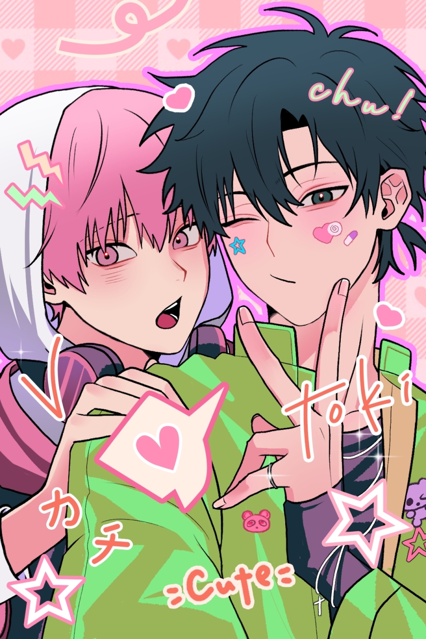 2boys alternate_costume black_eyes black_hair black_shirt blush cheng_xiaoshi closed_mouth green_jacket hair_between_eyes hand_on_another&#039;s_shoulder headphones headphones_around_neck heart highres hood jacket jewelry li323213 li_tianchen long_sleeves looking_at_viewer male_focus multiple_boys one_eye_closed open_mouth pink_background pink_eyes pink_hair shiguang_dailiren shirt short_hair smile spoken_heart star_(symbol) sticker sticker_on_face upper_body v yaoi