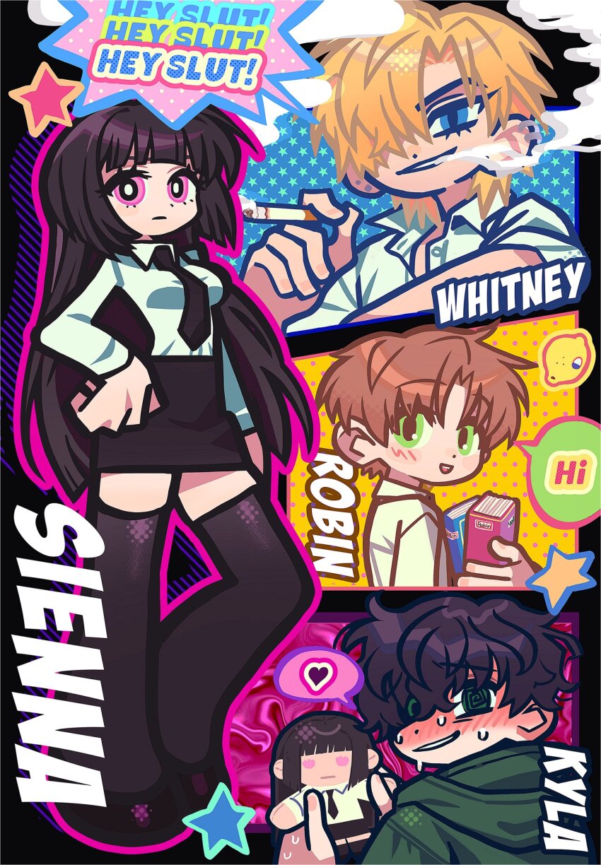 1girl 3boys @_@ artist_request black_hair black_necktie black_skirt black_thighhighs book cigarette degrees_of_lewdity green_eyes hair_over_one_eye highres kylar_(degrees_of_lewdity) kylar_(male)_(degrees_of_lewdity) multiple_boys necktie player_character_(degrees_of_lewdity) robin_(degrees_of_lewdity) shirt skirt smoking thighhighs white_shirt whitney_(degrees_of_lewdity)