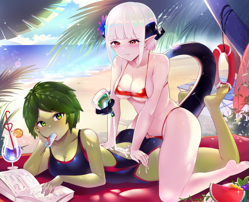 2girls ass bare_shoulders barefoot beach bikini blue_one-piece_swimsuit blush book branch breasts cleavage cloud colored_skin commission cup dragon_girl dragon_horns dragon_tail drinking_glass drinking_straw fang feet flower foliage food food_in_mouth fruit grapes green_eyes green_skin hair_flower hair_ornament hand_on_own_face hands_on_another&#039;s_back highleg highleg_bikini highres horns innertube large_breasts leaf legs_up lifebuoy long_tongue looking_at_viewer lying micro_bikini mole mole_on_breast monster_girl multiple_girls ocean on_stomach one-piece_swimsuit original plant_girl plant_hair pointy_ears popsicle popsicle_in_mouth red_bikini red_eyes salad_dressing saliva sideboob sitting sitting_on_person smile sunlight surfboard swim_ring swimsuit tail tail_wrap thighs toes tongue tongue_hold towel tropical vanu_aureyama watermelon watermelon_slice white_hair xiaodi