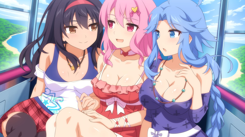 3girls ahoge black_hair blue_eyes blue_hair curtained_hair detached_sleeves game_cg gloves hairband jewelry lilim_(sakura_cupid) mitsuki_(sakura_cupid) multiple_girls necklace official_art pink_eyes pink_gloves pink_hair red_hairband sakura_cupid serra_(sakura_cupid) smile thighhighs wanaca yellow_eyes