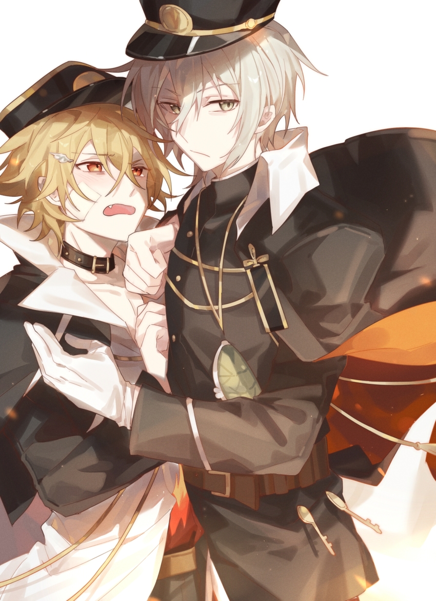 2boys :/ absurdres bandage_on_cheek belt belt_collar black_collar black_hat black_jacket blonde_hair blush brown_belt chinese_commentary closed_mouth collar collared_shirt commentary_request dezhou_chicken_(the_tale_of_food) fang fuli_chicken_(the_tale_of_food) gloves grey_eyes grey_hair hair_between_eyes hat height_difference highres jacket light_particles long_sleeves male_focus multiple_boys open_collar open_mouth red_eyes shirt short_hair simple_background the_tale_of_food tie_fei_wu_mang_dashuai variant_set white_background white_gloves white_shirt