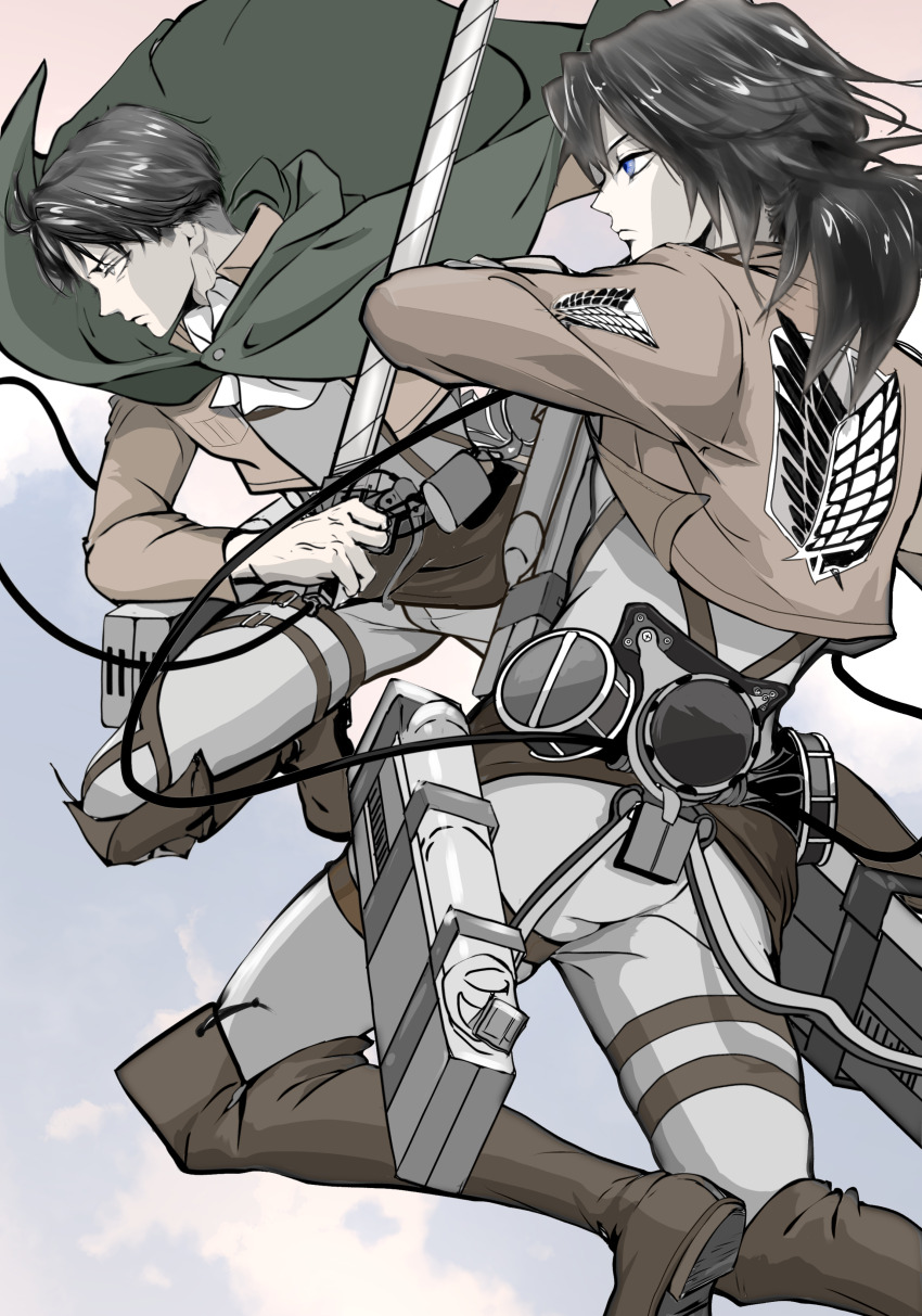 2boys absurdres ajisaiweb black_hair blue_eyes boots brown_jacket cloud_background crossover highres holding holding_weapon jacket kimetsu_no_yaiba knee_boots leather_strap levi_(shingeki_no_kyojin) long_hair multiple_boys shingeki_no_kyojin short_hair survey_corps_(emblem) sword three-dimensional_maneuver_gear tomioka_giyuu weapon