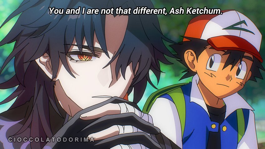 2boys artist_name ash_ketchum backpack bag bandaged_arm bandages black_eyes black_gloves black_hair black_shirt blade_(honkai:_star_rail) cioccolatodorima collared_jacket commentary creatures_(company) crossover english_text game_freak gloves green_bag highres honkai:_star_rail honkai_(series) jacket multicolored_jacket multiple_boys nintendo orange_eyes outdoors parted_lips pokemon pokemon_(anime) pokemon_(classic_anime) shirt single_glove trait_connection two-tone_jacket