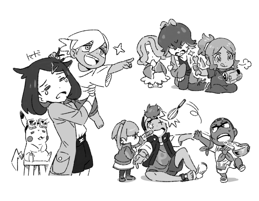 4boys 4girls aged_down carrying closed_eyes commentary_request dot_(pokemon) friede_(pokemon) gen_1_pokemon grabbing_another&#039;s_hair greyscale hair_ornament hairclip highres holding holding_bandaid holding_wrench jacket kneeling liko_(pokemon) ludlow_(pokemon) mixing_bowl mollie_(pokemon) monochrome motion_lines multiple_boys multiple_girls murdock_(pokemon) nintendo open_clothes open_jacket open_mouth orla_(pokemon) pikachu pokemon pokemon_(anime) pokemon_(creature) pokemon_horizons roy_(pokemon) shirt short_sleeves shorts standing swept_bangs tearing_up teeth tomatomi upper_teeth_only video_camera whisk wrench