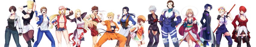 absurdres andy_bogard apollo_(pixiv884782) bandaged_arm bandages bao_(kof) belt billy_kane blonde_hair blue_eyes blue_hair boots breasts brown_eyes brown_hair cabbie_hat cleavage denim dougi fingerless_gloves genderswap genderswap_(mtf) gloves hat headband highres jeans jewelry joe_higashi k&#039;_(kof) karate_gi kusanagi_kyou long_hair long_image martial_arts_belt maxima multiple_girls nagi_(kof) necklace nikaidou_benimaru pants pole red_hair robert_garcia ryou_sakazaki short_hair short_shorts shorts silver_hair skirt sunglasses sunglasses_removed suspenders_hanging terry_bogard the_king_of_fighters the_king_of_fighters_for_girls thighhighs tomahawk wide_image yabuki_shingo yagami_iori yomi_(kof)