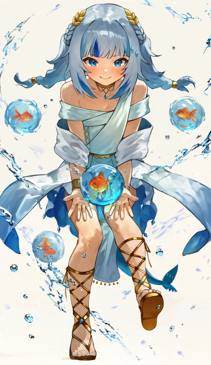 1girl absurdres ancient_greek_clothes bare_shoulders blue_eyes blue_hair blue_nails blunt_bangs bracelet braid closed_mouth commentary dress english_commentary feet fins fish fish_tail full_body gawr_gura gawr_gura_(party_dress) gladiator_sandals gold_sandals goldfish greco-roman_clothes grey_hair highres himation hololive hololive_english jewelry laurel_crown long_hair looking_at_viewer low_twintails maro2ki3 multicolored_hair nail_polish neck_ring off-shoulder_dress off_shoulder official_alternate_costume open_hands pelvic_curtain sandals shark_girl shark_tail shoe_soles short_dress side_braids simple_background smile straight-on streaked_hair tail toenail_polish toenails toes toga twintails virtual_youtuber water white_background white_dress