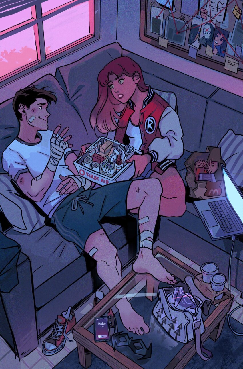bandages bandaid bandaid_on_face black_hair commentary dc_comics english_commentary eye_contact first_aid_kit gabriel_picolo highres indoors jacket long_hair looking_at_another phone robin_(dc) shirt short_hair shorts sitting starfire t-shirt teen_titans white_shirt