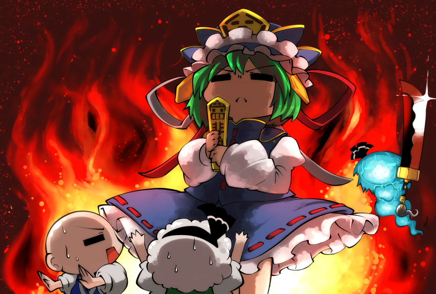 3girls :3 :c =_= bald fire frown glint green_hair hairband hat highres kashuu_(b-q) konpaku_youmu konpaku_youmu_(ghost) multiple_girls onozuka_komachi open_mouth rod_of_remorse shiki_eiki short_hair size_difference sweat sword touhou tsurime weapon white_hair