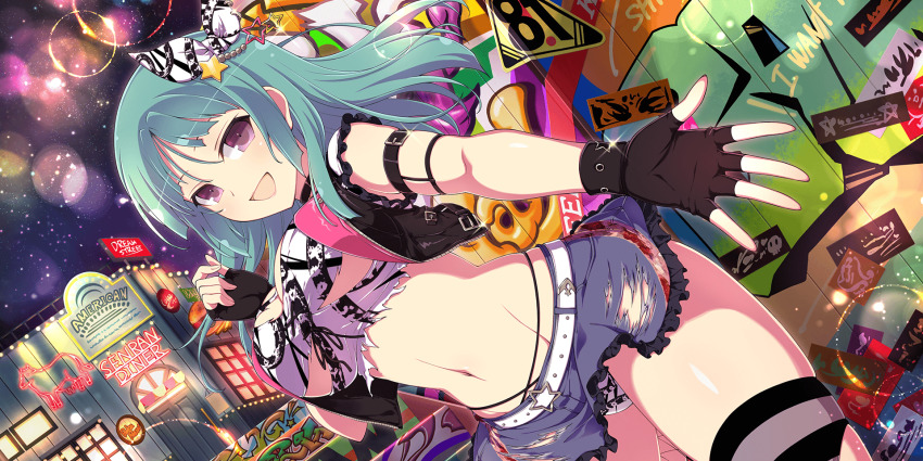 1girl armlet bashou_(senran_kagura) billboard black_choker blush bow breasts building choker city_lights cleavage coca-cola diner door fingerless_gloves gloves graffiti green_hair gyaru hair_bow highres jacket jewelry large_breasts leather_vest linea_alba looking_at_viewer medium_hair navel neon_lights night official_alternate_costume official_art paint panties pantyshot poster_(object) punk purple_eyes rokku_gyaru senran_kagura senran_kagura_new_link senran_kagura_new_wave shirt sign skirt sky solo spray_paint star_(sky) starry_sky thighhighs torn_clothes torn_shirt torn_skirt underwear wall window yaegashi_nan
