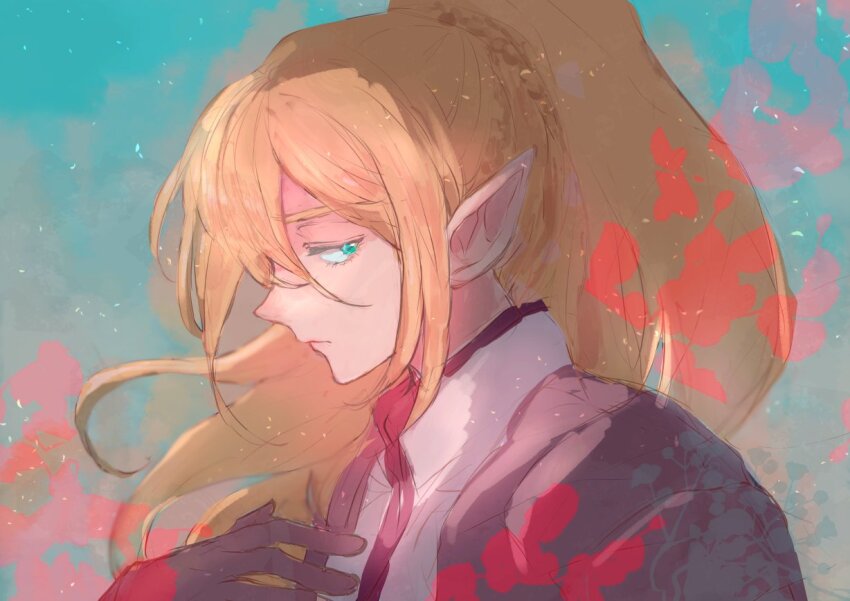 1boy androgynous aqua_background aqua_eyes armor blonde_hair blue_background braid brown_gloves colored_skin commentary_request dragon_quest dragon_quest_x floating_hair gloves hakuou_(dq10) kpmdqx long_hair looking_back looking_to_the_side male_focus pauldrons pink_skin pointy_ears ponytail profile shoulder_armor side_braid sketch solo upper_body