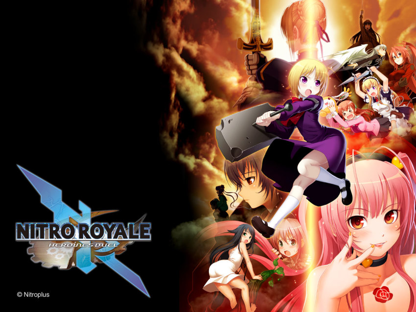 &gt;_&lt; 1boy 6+girls :i :o ahoge aibara_natsumi al_azif_(demonbane) angelos_armas anna_(gekkou_no_carnevale) another_blood apron arm_up arms_up artoria_pendragon_(fate) ascot back balloon bare_legs bare_shoulders barefoot black_dress black_hair blonde_hair blush bob_cut braid brown_gloves cape chasing choker closed_eyes cloud cloudy_sky company_name copyright_name crossed_arms dagger demonbane dress dual_wielding ein_(phantom_of_inferno) expressionless eyebrows fate/stay_night fate_(series) floral_print flying fringe_trim from_side full_body gauntlets gekkou_no_carnevale gloves green_shirt hair_bun hair_ribbon hammer hanachirasu headwear_request heart hello_world. henri holding holding_sword holding_weapon ignis_(jingai_makyou) ishima_kaigen jingai_makyou kikokugai knife kong_ruili kong_taolo kyu_chan kyuu_chan light_rays lipstick loafers long_hair looking_at_viewer looking_back maid maid_apron makeup mary_janes miniskirt moura multiple_girls nail_polish nitro+royale nitroplus official_art official_wallpaper open_mouth orange-framed_eyewear orange_eyes parted_lips pet phantom_of_inferno pink_hair pink_shirt purple_dress purple_eyes red_eyes red_hair ribbon riding rose_print saber_(fate) saya_(saya_no_uta) saya_no_uta shirt shoes sidelocks silver_hair single_hair_bun sitting sitting_on_person sitting_on_shoulder skirt sky sunset sword tsuji_santa twin_braids vampirdzhija_vjedogonia weapon white_dress white_legwear wings