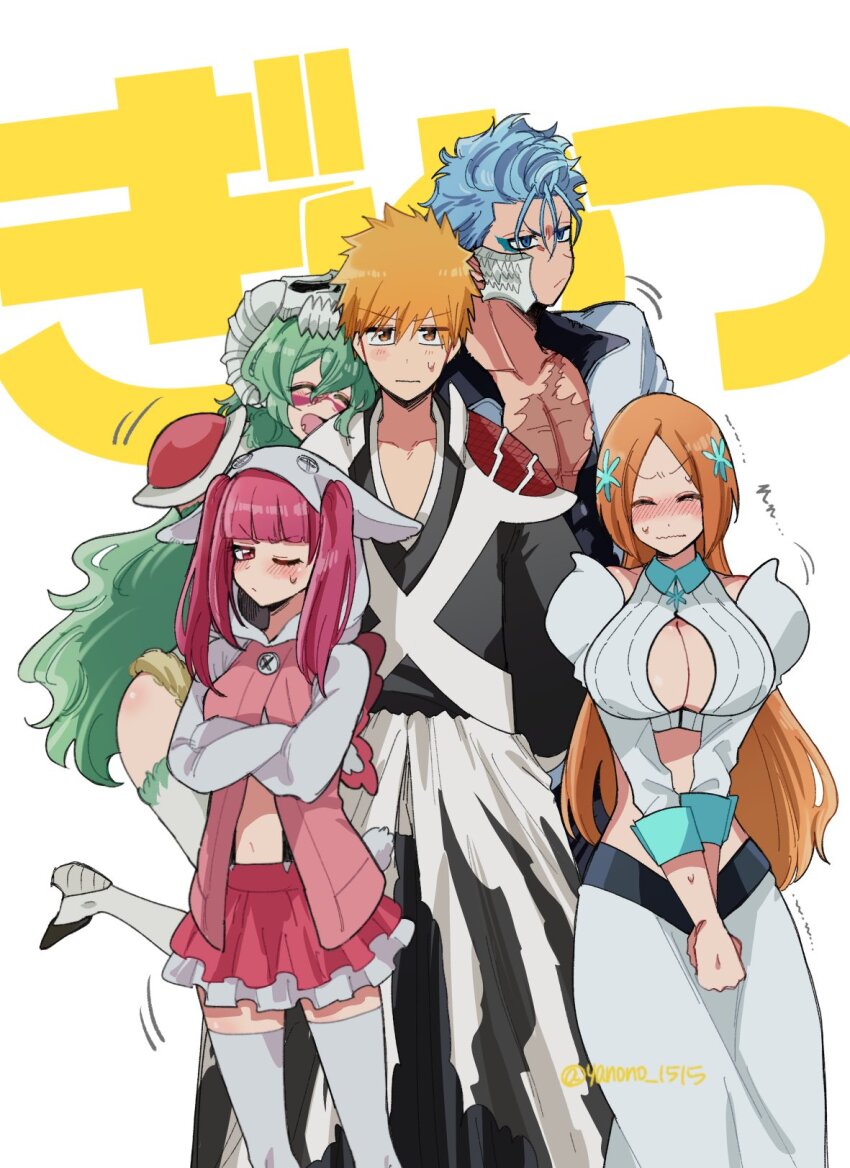 2boys 3girls bleach bleach:_sennen_kessen-hen blue_eyes blue_hair breasts cleavage cleavage_cutout clothing_cutout detached_sleeves dokugamine_riruka green_hair grimmjow_jaegerjaquez hair_ornament highres inoue_orihime kurosaki_ichigo large_breasts long_hair midriff multiple_boys multiple_girls nelliel_tu_odelschwanck orange_eyes orange_hair red_eyes red_hair tagme yanono_015