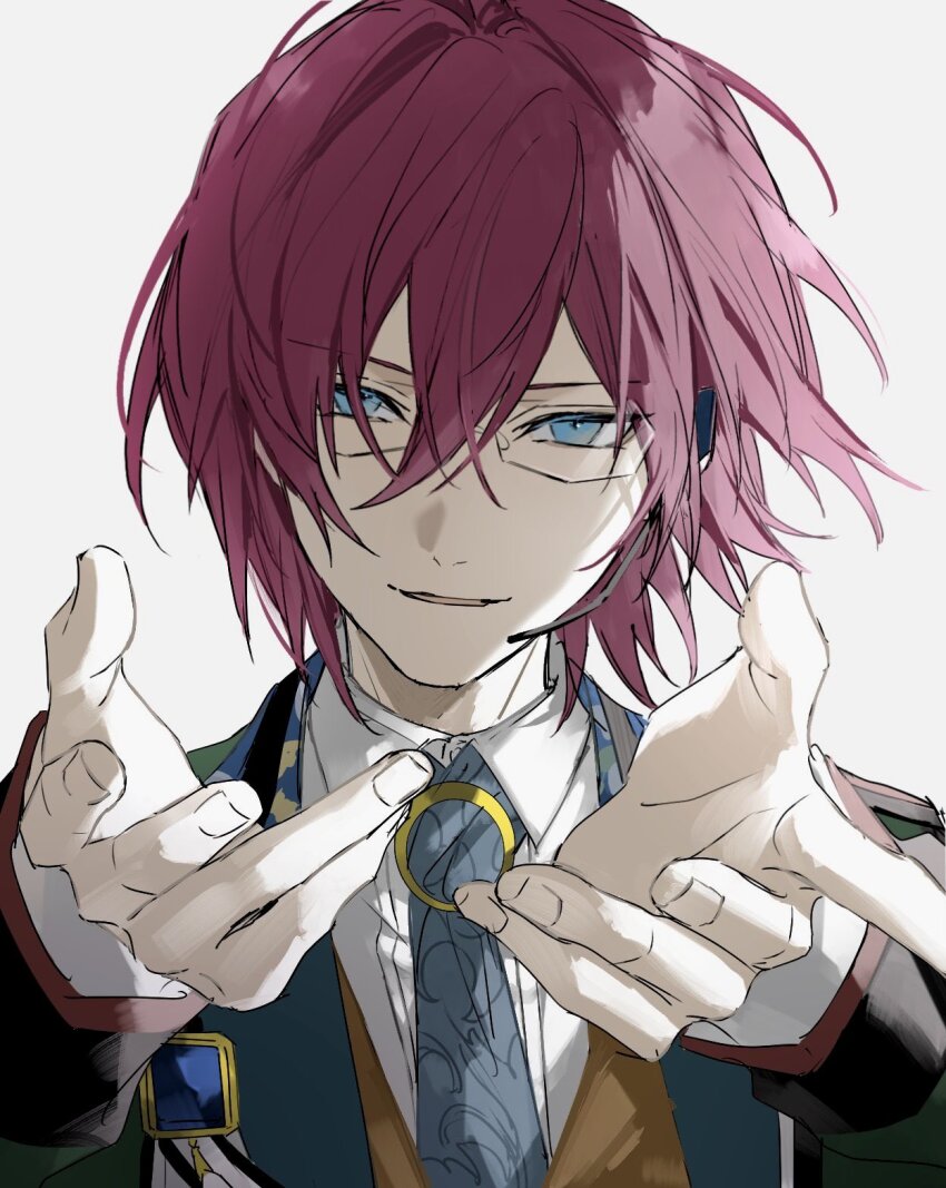 1boy blue_eyes blue_necktie brown_vest collared_shirt double-parted_bangs ensemble_stars! fingernails hair_between_eyes hands_up head_tilt headset highres jacket light_smile looking_at_viewer male_focus medium_hair necktie nozz177 parted_lips portrait reaching reaching_towards_viewer saegusa_ibara shirt sidelighting simple_background solo vest white_background white_shirt wind
