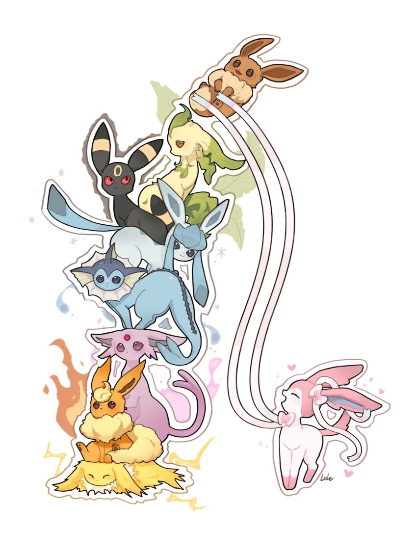 absurdres animal_focus animal_hands black_fur blue_eyes blue_fur bow brown_eyes brown_fur closed_eyes eevee espeon evolutionary_line fins fire flareon forehead_jewel forked_tail full_body gen_1_pokemon gen_2_pokemon gen_4_pokemon gen_6_pokemon glaceon green_fur head_fins heart highres jolteon leafeon lole_pokemon looking_at_another looking_at_viewer neck_fur nintendo no_humans outline pokemon pokemon_(creature) purple_eyes red_eyes ribbon sidelocks simple_background sitting standing sylveon tail umbreon vaporeon white_background white_outline yellow_fur