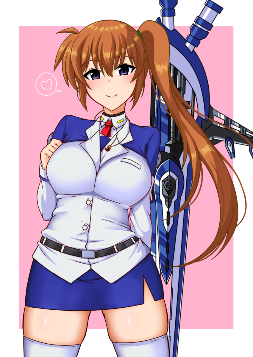 1girl belt blue_skirt blush border breast_pocket breasts brown_hair closed_mouth collared_shirt cowboy_shot hair_between_eyes hair_tie hand_on_own_chest heart highres jacket kunisaki-air large_breasts long_hair long_sleeves looking_at_viewer lyrical_nanoha mahou_shoujo_lyrical_nanoha mahou_shoujo_lyrical_nanoha_strikers military_uniform miniskirt outside_border pencil_skirt pink_background pocket purple_eyes raising_heart raising_heart_(standby_mode) shirt side_ponytail simple_background skindentation skirt smile solo spoken_heart standing strike_cannon takamachi_nanoha thighhighs thighs weapon white_border white_shirt white_thighhighs zettai_ryouiki