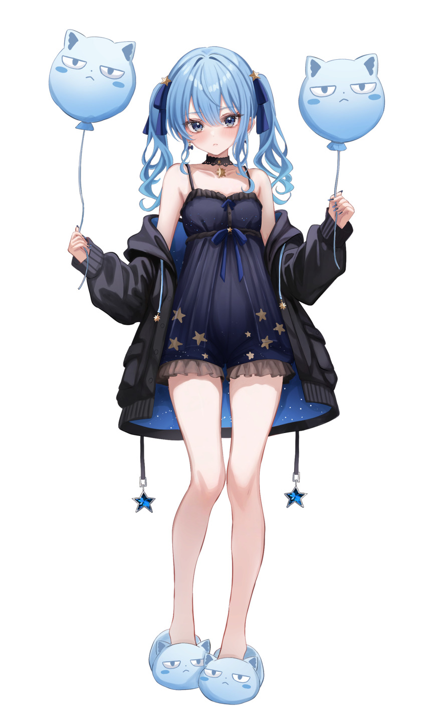 1girl absurdres alternate_costume animal_slippers balloon bare_legs black_dress black_jacket black_nightgown blue_eyes blue_hair cat dress full_body hair_ribbon highres holding holding_balloon hololive hoshimachi_suisei jacket nightgown pillow ribbon sa-ya2 simple_background slippers solo standing star_(symbol) takoyaki_(hoshimachi_suisei) thighs transparent_background twintails virtual_youtuber wavy_hair window