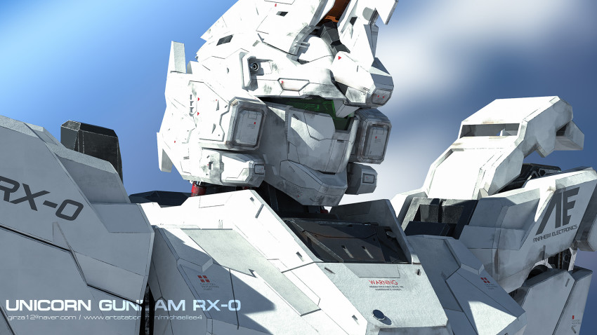 3d anaheim_electronics character_name commentary english_commentary english_text gun gundam gundam_unicorn highres logo machine_gun machinery mecha mecha_focus michaellee4 mobile_suit muzzle no_humans robot roundel science_fiction sign unicorn_gundam upper_body visor warning_sign weapon