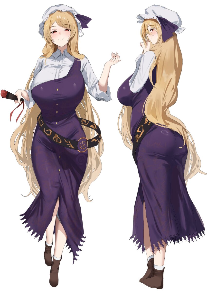 1girl 258n ass belt black_belt blonde_hair breasts brown_shoes buttons cleavage collared_shirt dress folding_fan full_body half-closed_eyes hand_fan hat hat_ribbon highres holding holding_fan large_breasts long_dress long_hair long_sleeves looking_at_viewer mob_cap multiple_views parted_bangs purple_dress purple_ribbon red_eyes ribbon shirt shoes simple_background single-shoulder_dress single_strap smile standing thighs touhou very_long_hair watatsuki_no_toyohime white_background white_hat white_shirt wide_sleeves