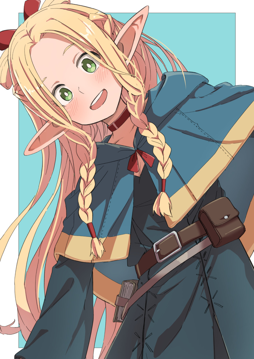 1girl belt blonde_hair blue_capelet blue_robe book braid capelet choker dungeon_meshi elf french_braid green_eyes hair_ribbon highres hood hooded_capelet long_hair long_sleeves marcille_donato open_mouth outstretched_arms parted_bangs pointy_ears red_choker ribbon robe side_braid sidelocks simple_background smile toraneko very_long_hair white_background