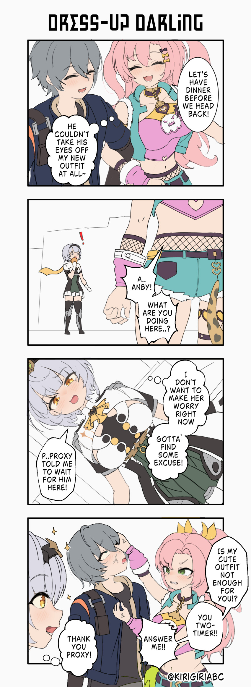 1boy 2girls absurdres anby_demara anby_demara_(silver_soldier) bare_shoulders blush choker fangs green_eyes grey_hair highres kirigiriabc long_hair multiple_girls nail_polish navel nicole_demara pink_hair shorts smile speech_bubble thighhighs thought_bubble white_background wise_(zenless_zone_zero) yellow_eyes zenless_zone_zero