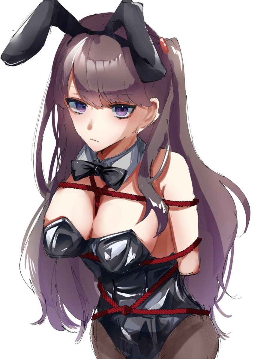 1girl alternate_costume amykun animal_ears arms_behind_back bdsm between_breasts black_bow black_bowtie black_leotard black_pantyhose blush bondage border bound bow bowtie breasts brown_hair bunny_day cleavage collarbone commentary_request cowboy_shot detached_collar fake_animal_ears frown fujishima_megumi gluteal_fold highres large_breasts leotard like_and_redraw_challenge link!_like!_love_live! long_hair looking_at_viewer love_live! open_mouth outside_border pantyhose playboy_bunny purple_eyes rabbit_ears shibari shibari_over_clothes simple_background solo strapless strapless_leotard v-shaped_eyebrows virtual_youtuber white_background white_border