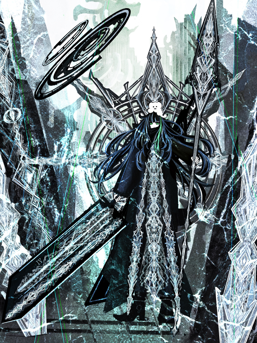 1girl absurdres animal animal_on_head black_hair blue_hair full_body glint green_eyes green_theme highres holding holding_sword holding_weapon huge_weapon multicolored_hair on_head original riz_kira solo standing sword two-tone_hair weapon