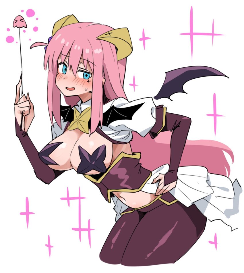 1girl alternate_costume bat_wings bending blue_eyes blush bocchi_the_rock! breastless_clothes breasts corset cosplay cowboy_shot cross cross-shaped_pupils cross_pasties forward-facing_horns from_side gotoh_hitori gotoh_hitori_(octopus) hair_between_eyes hand_on_own_hip highres horns leaning_forward long_hair long_sidelocks looking_at_viewer lowleg lowleg_pants magia_baiser magia_baiser_(cosplay) magical_girl mahou_shoujo_ni_akogarete navel open_mouth pants pasties pink_hair purple_corset revealing_clothes riding_crop showgirl_skirt sideboob sidelocks simple_background sparkle symbol-shaped_pupils toriyarou very_long_hair wings yellow_horns