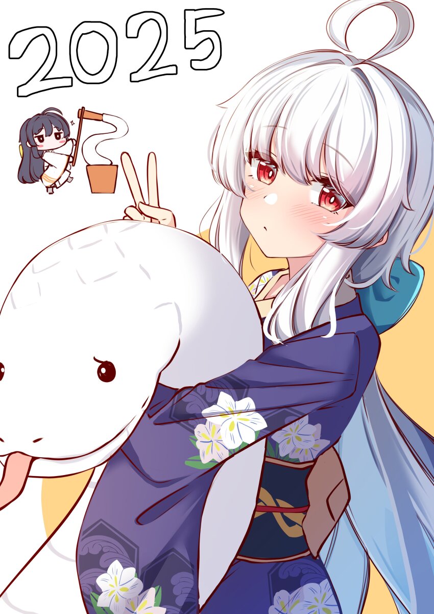 2025 2girls absurdres ahoge animal animal_hug black_hair blue_bow blush bow brown_background chinese_zodiac closed_mouth commentary_request floral_print food hair_between_eyes hair_bow hair_intakes hand_up highres japanese_clothes kimono kine long_hair looking_at_viewer mallet mochi mochitsuki mortar_(bowl) moyoron multiple_girls obi original print_kimono purple_kimono red_eyes sash snake sparkle two-tone_background v very_long_hair white_background white_hair white_kimono white_snake year_of_the_snake