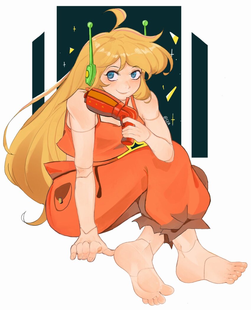 1girl ahoge android artist_name baggy_pants bare_shoulders barefoot blonde_hair blue_eyes blush closed_mouth crossed_ankles curly_brace cyadraws doukutsu_monogatari eyelashes feet foot_focus full_body gun hand_up handgun highres holding holding_gun holding_weapon joints long_hair on_ground orange_pants orange_tank_top pants robot_ears robot_joints sitting smile soles solo tank_top toenails toes twitter_username very_long_hair weapon