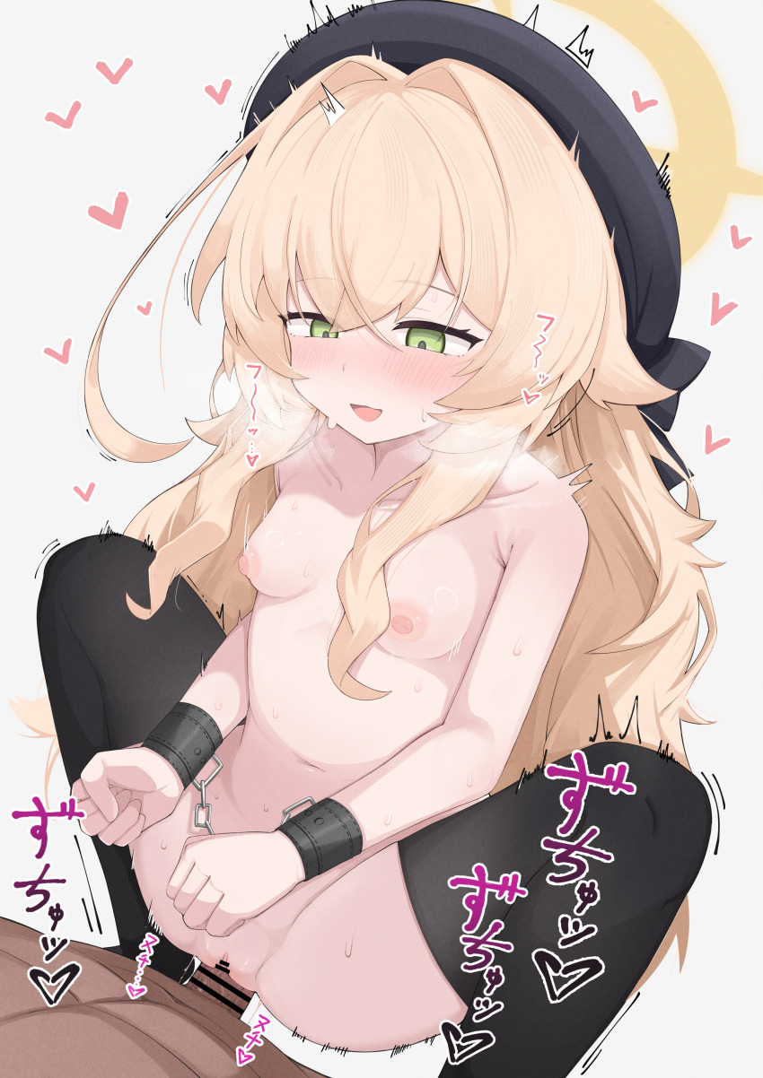 1boy 1girl absurdres bar_censor bdsm beret black_hat black_thighhighs blonde_hair blue_archive blush bondage bound bound_wrists breasts censored clenched_hand commentary_request cowgirl_position crossed_bangs dot_nose girl_on_top green_eyes hair_between_eyes hair_intakes half-closed_eyes halo happy_sex hat heart heavy_breathing hetero highres loli long_hair long_sidelocks looking_at_another looking_down motion_lines navel nipples nude open_mouth penis professor_niyaniya_(blue_archive) pussy sex sidelocks simple_background small_breasts smile solo_focus sound_effects spread_legs squatting_cowgirl_position straddling sugarplus sweat thighhighs trembling vaginal variant_set very_long_hair white_background yellow_halo