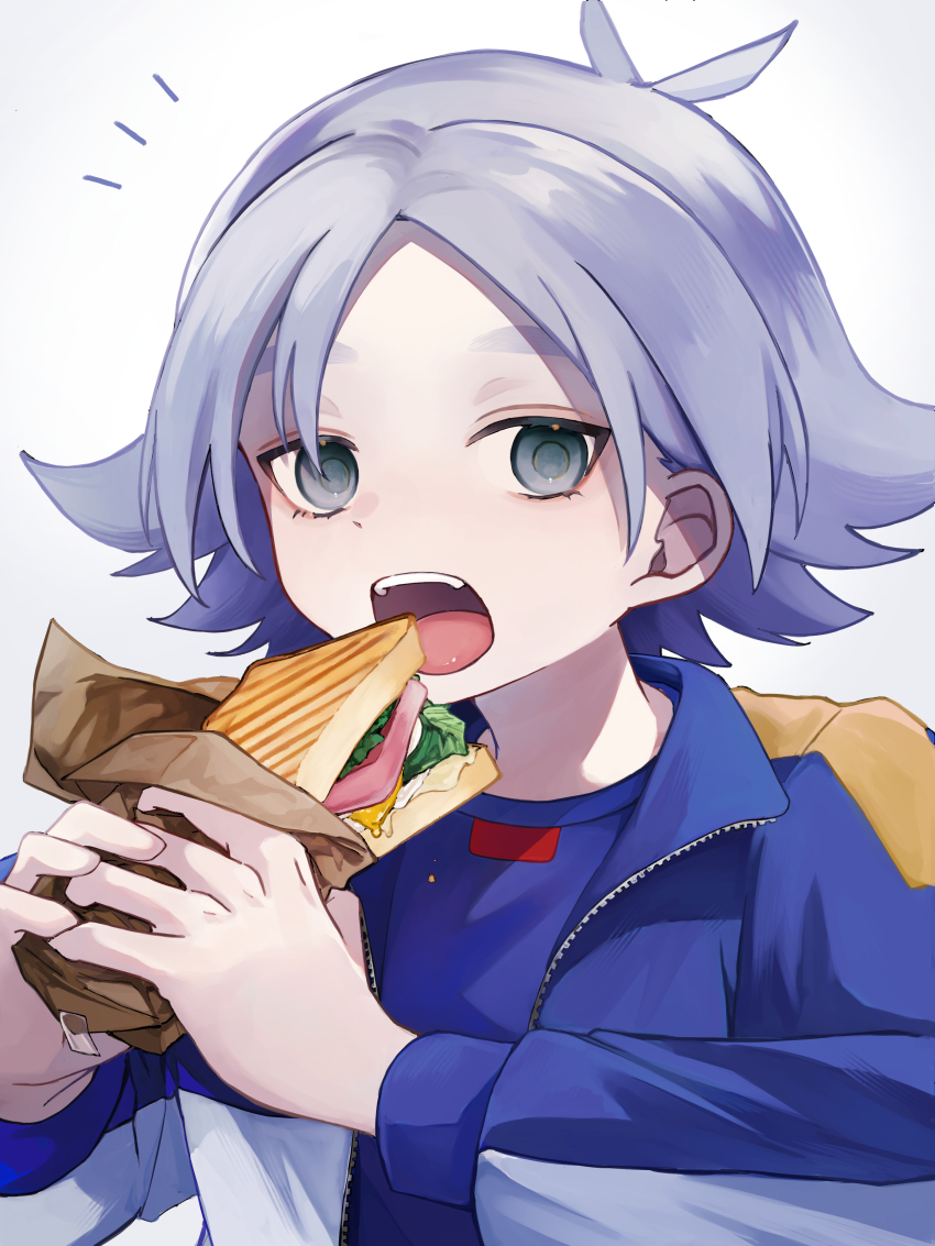 1boy absurdres antenna_hair blue_eyes blue_jacket cie_x6 eating food fubuki_shirou highres holding holding_food inazuma_eleven_(series) jacket male_focus open_mouth sandwich simple_background solo upper_body white_background white_hair